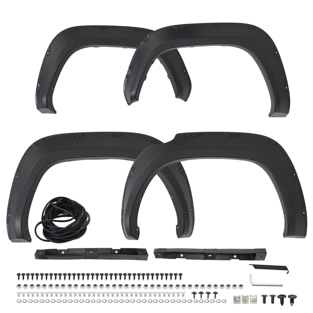 Black wheel fender flare trim set with coiled wire, long mounting strips, and bolts