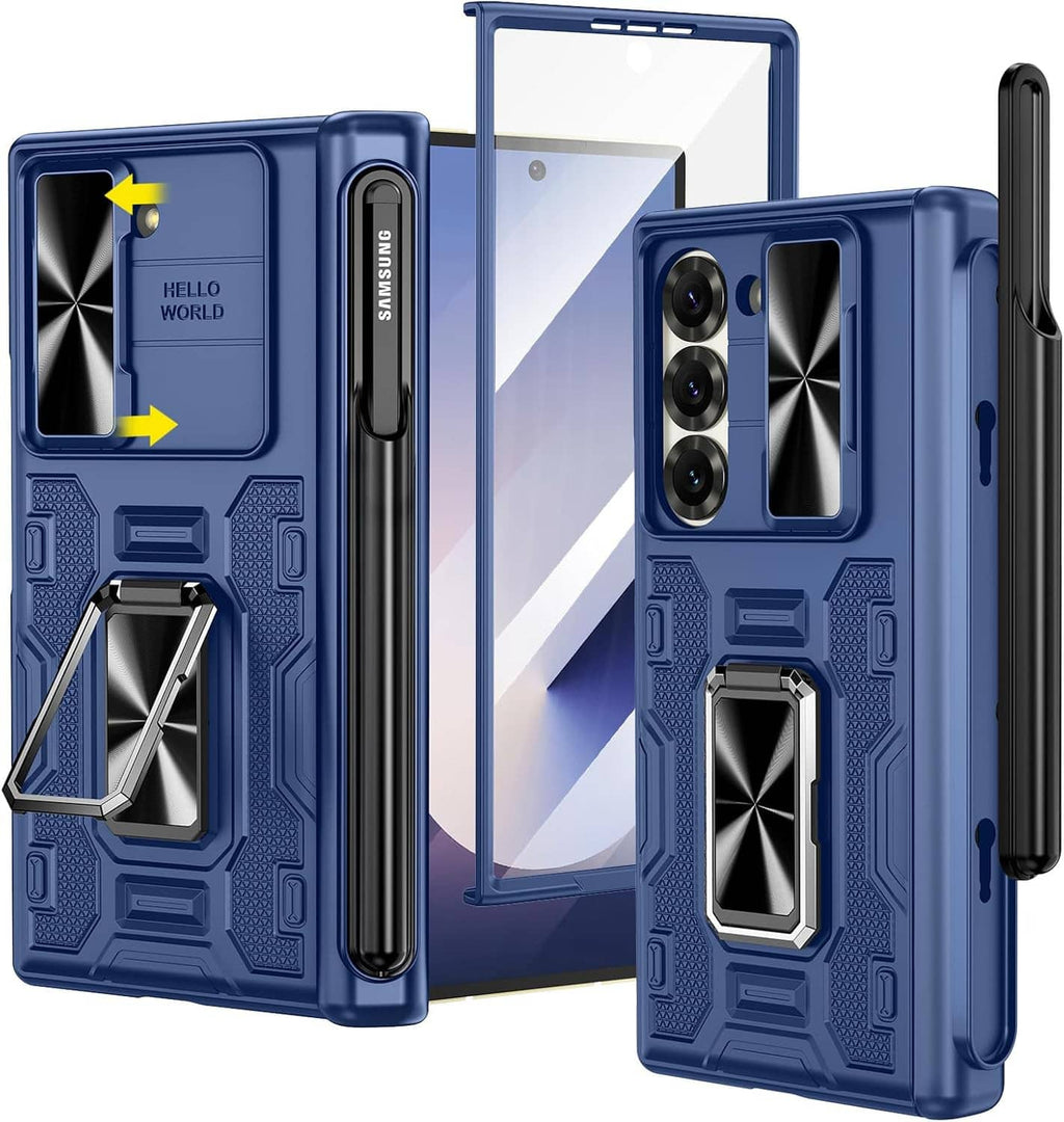 Blue protective fold phone case with S Pen holder and built-in ring stand, shown open
