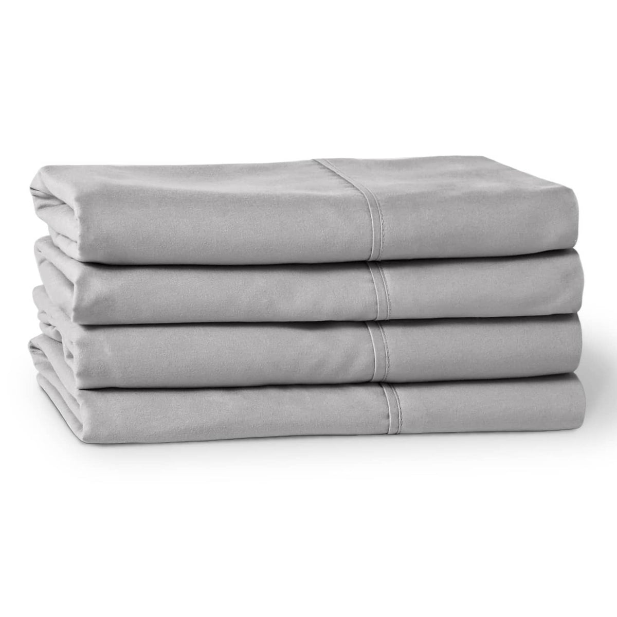 Light gray microfiber pillowcases folded in a stack, with stitched borders