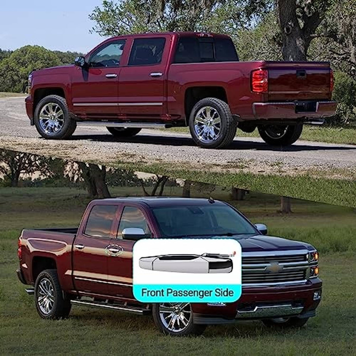 Chrome exterior door handle on a red pickup truck door