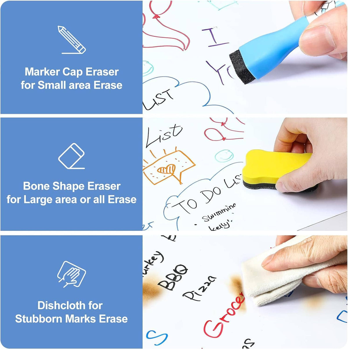 Dry erase marker eraser cap and magnet boards for small and large area erasing