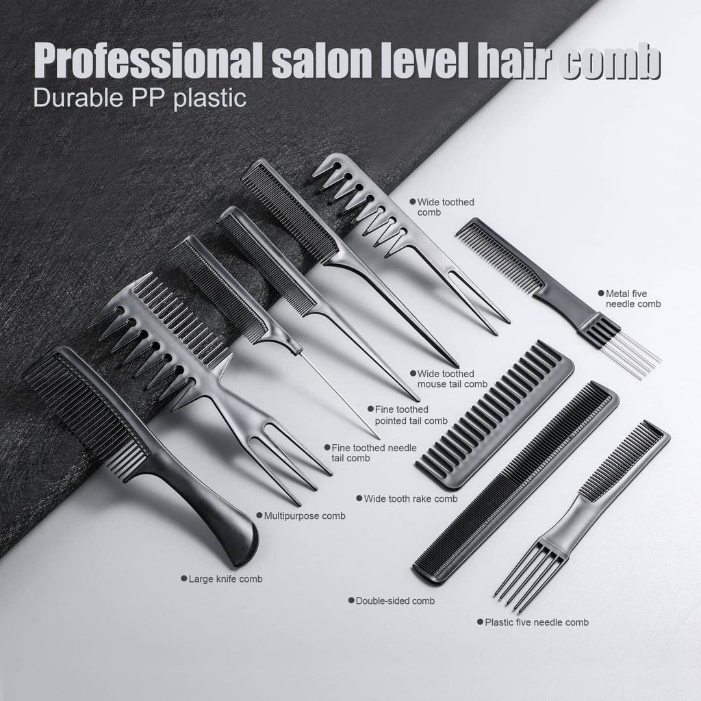 Assorted black hair combs with fine and wide teeth, multiple shapes in one set