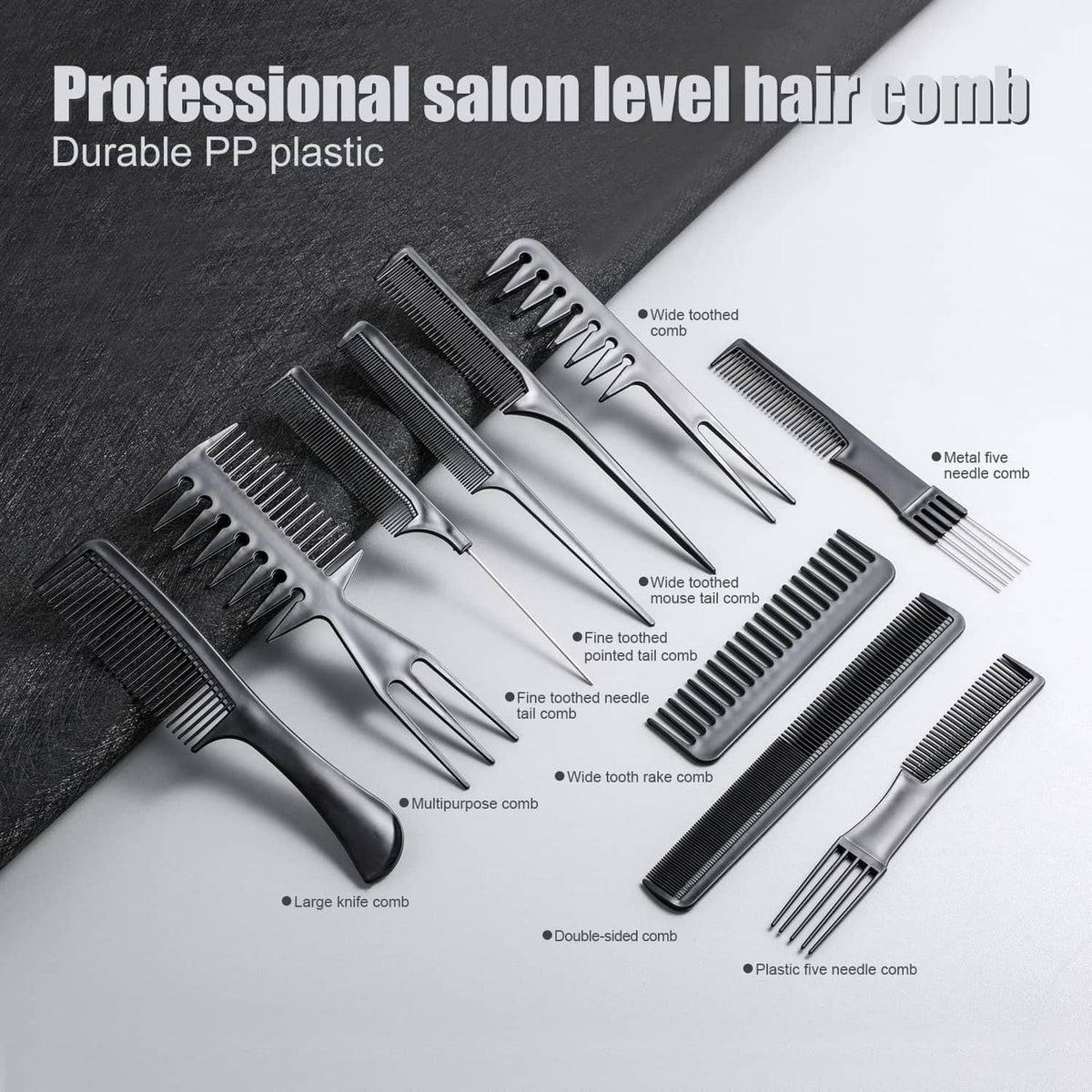 Assorted black hair combs with fine and wide teeth, multiple shapes in one set