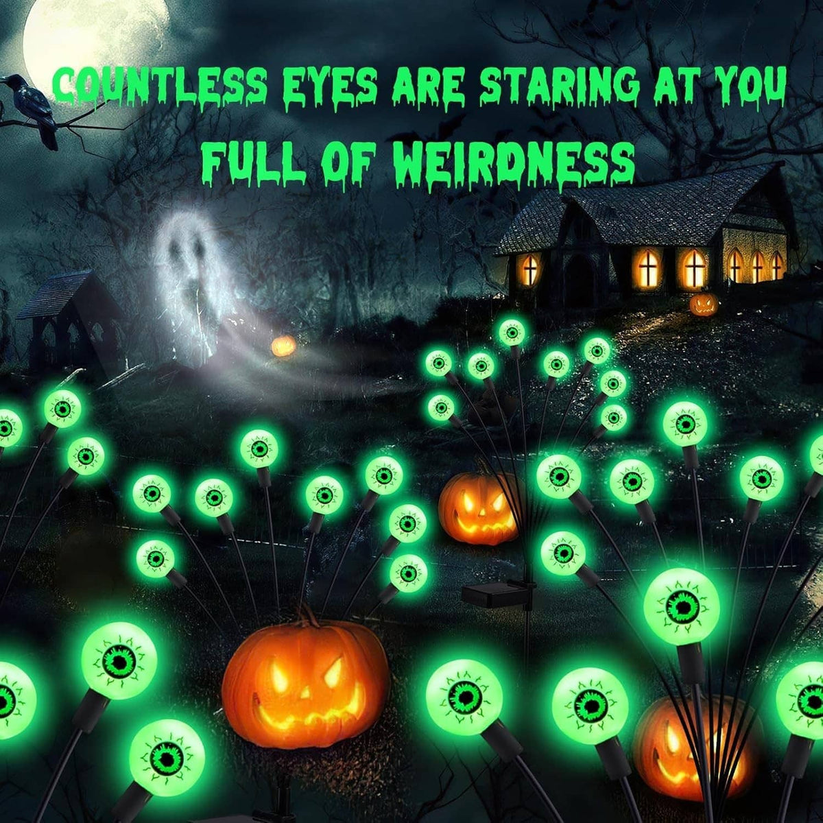 Outdoor solar Halloween stake light set with many glowing green LED eye bulbs