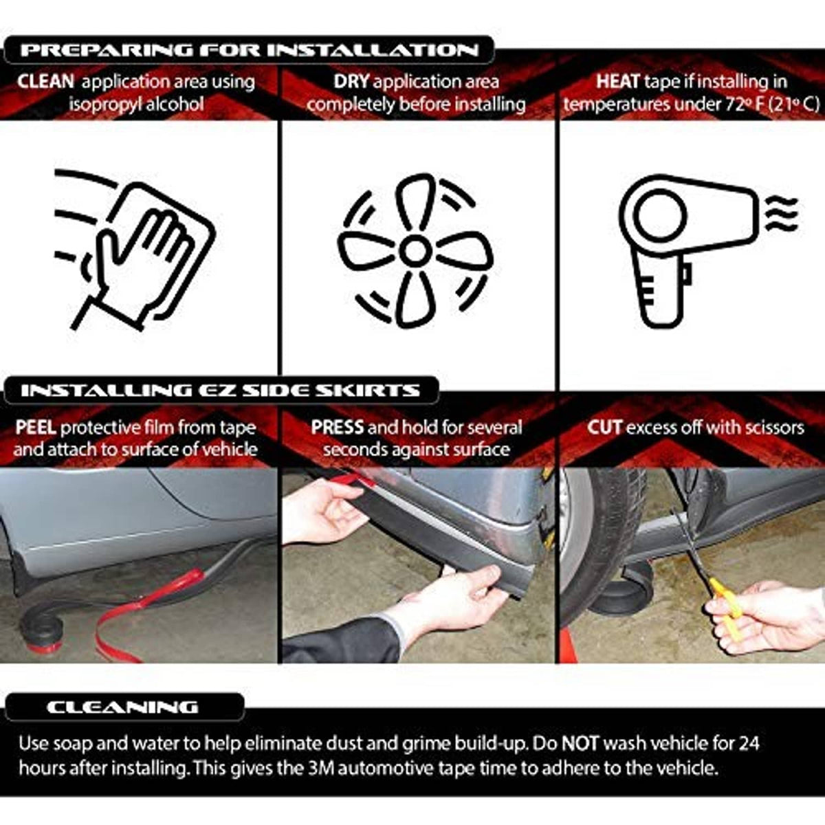 Side skirt installation instruction graphic with tape, cleaning, and cutting steps