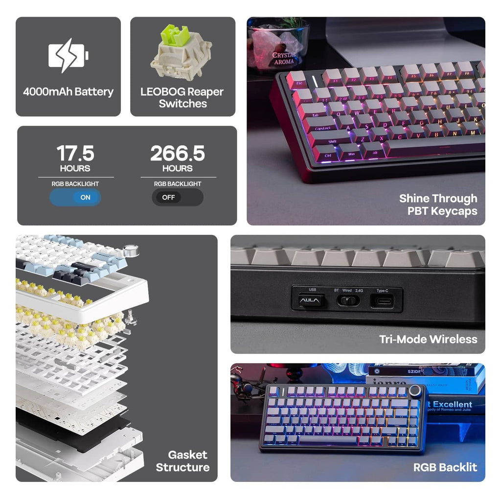 Mechanical keyboard product collage showing keycaps, gasket structure, and wireless use
