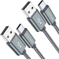 Two-pack USB-A to USB-C cables with silver connectors and gray nylon braided sleeves