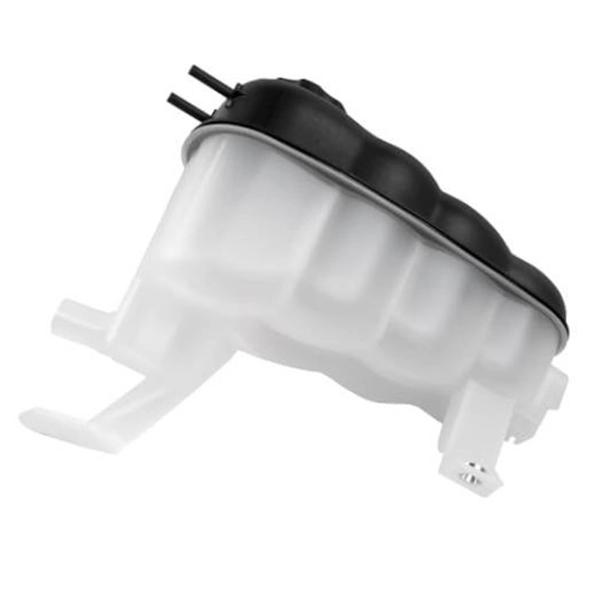 Coolant reservoir tank with black cap, white plastic body and outlet tubes
