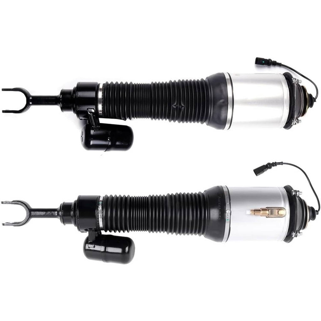 Pair of front air suspension strut shocks with silver cylinders, black boots, and fork mounts