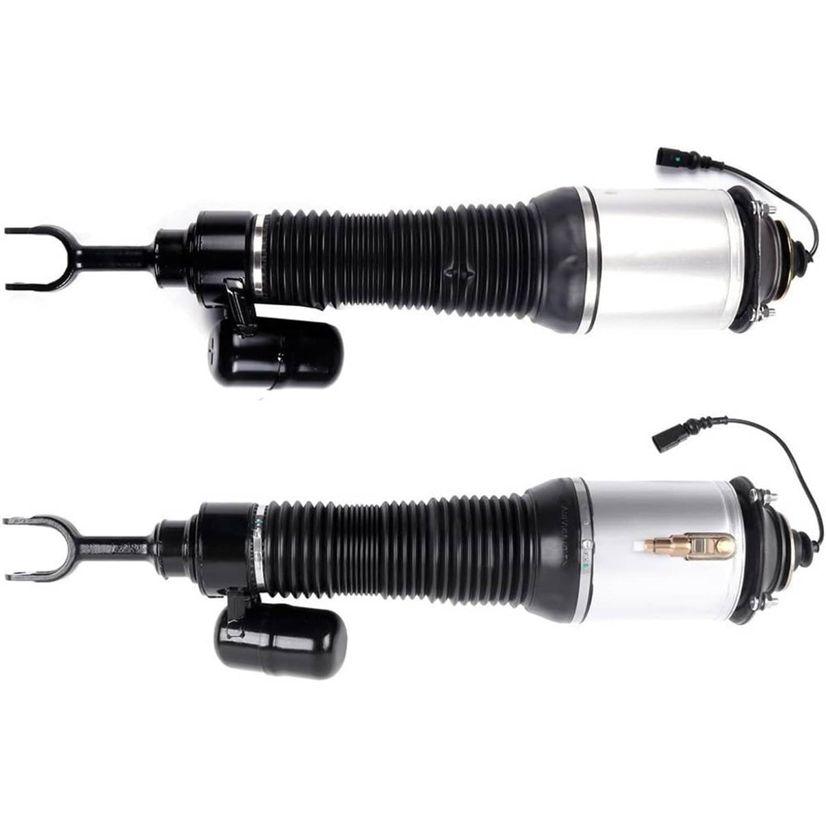 Pair of front air suspension strut shocks with silver cylinders, black boots, and fork mounts
