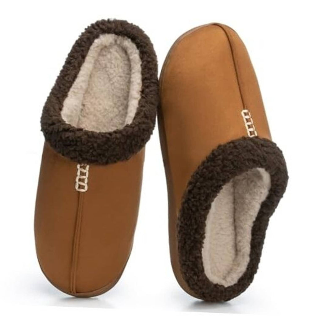 Brown suede men's slippers with dark plush trim and padded interior collar