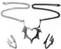 Silver and black chain necklaces with bat-wing heart pendant; lightning and hand charms shown