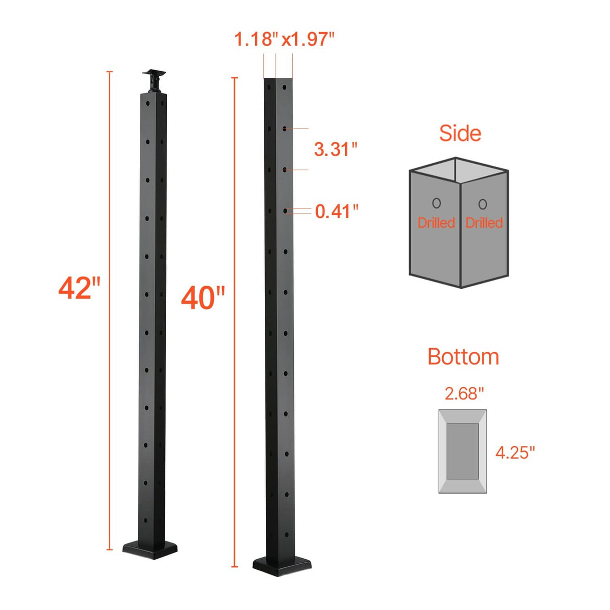 Cable railing post dimensions diagram showing 42-inch height with drilled hole pattern