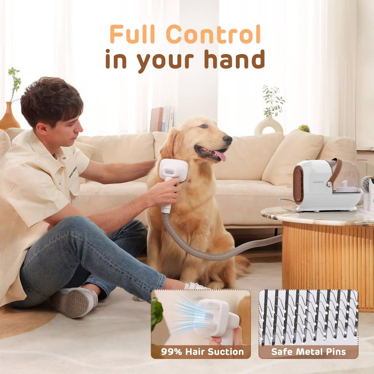 White pet grooming vacuum with handheld nozzle and long hose for complete at-home grooming
