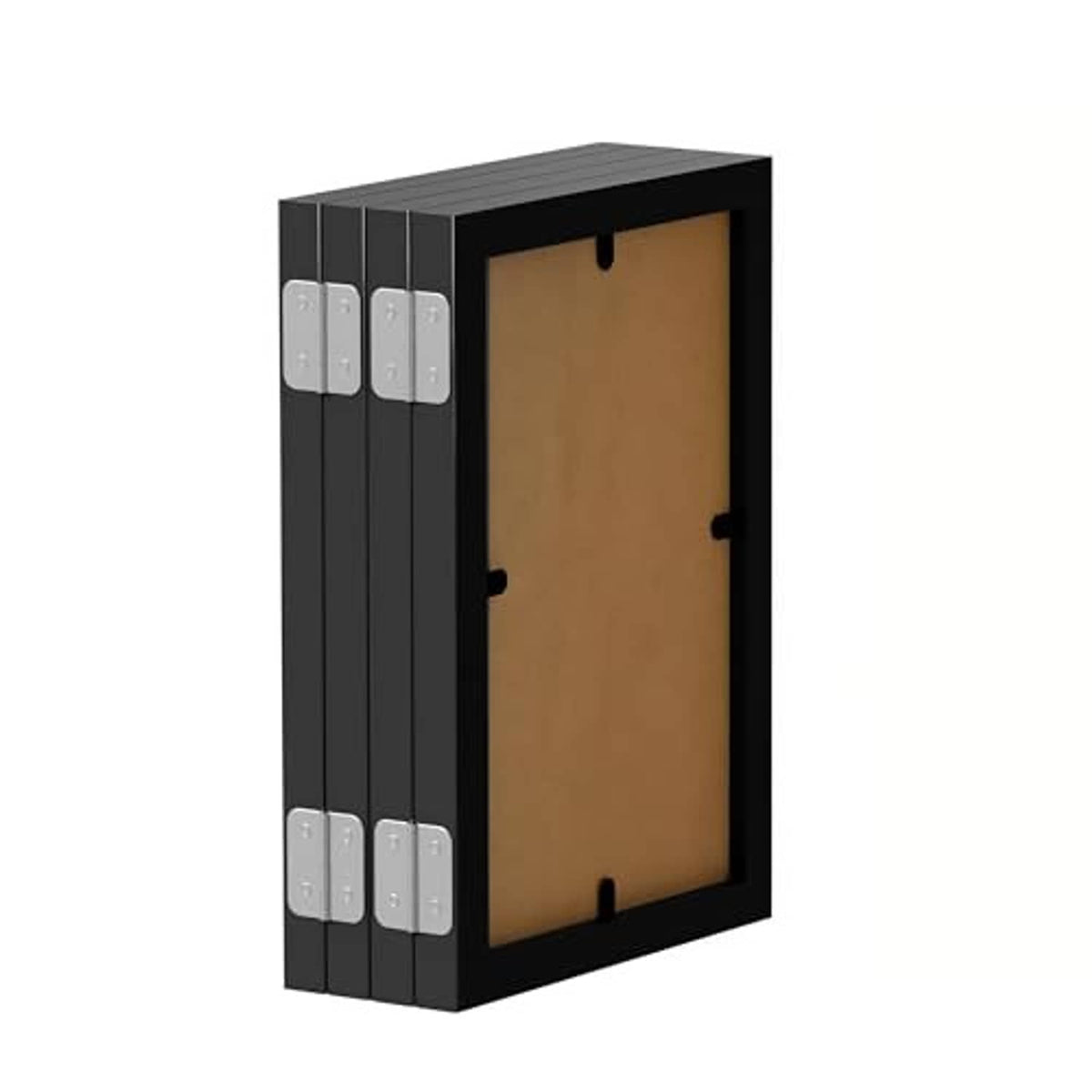 Black 4-photo folding picture frame back view with hinge hardware and four panels