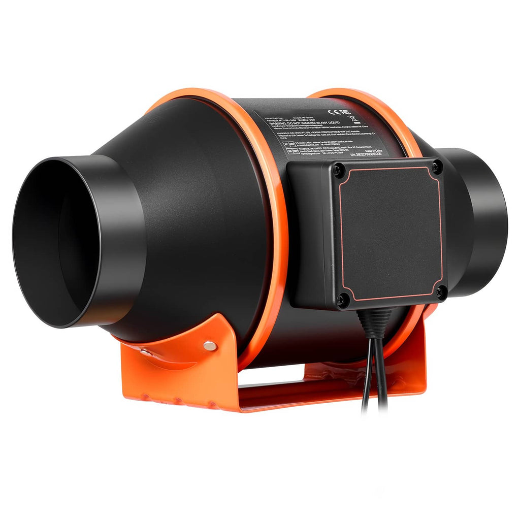 4-inch inline duct fan angled view with black duct port and orange mounting base