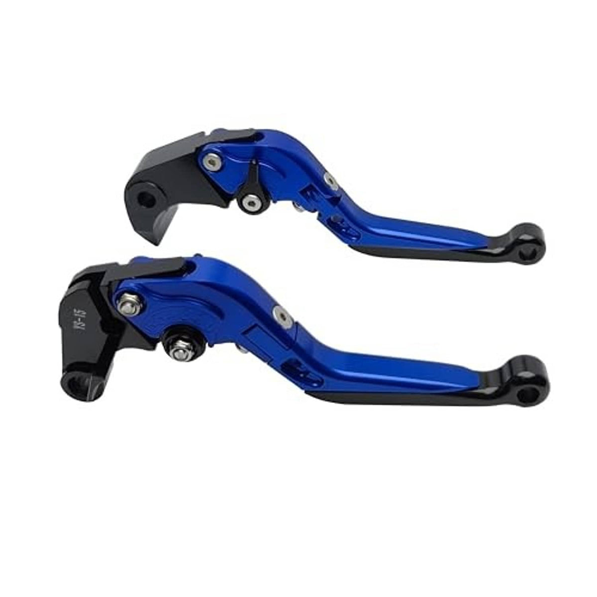 Pair of blue motorcycle brake and clutch levers with black folding end caps