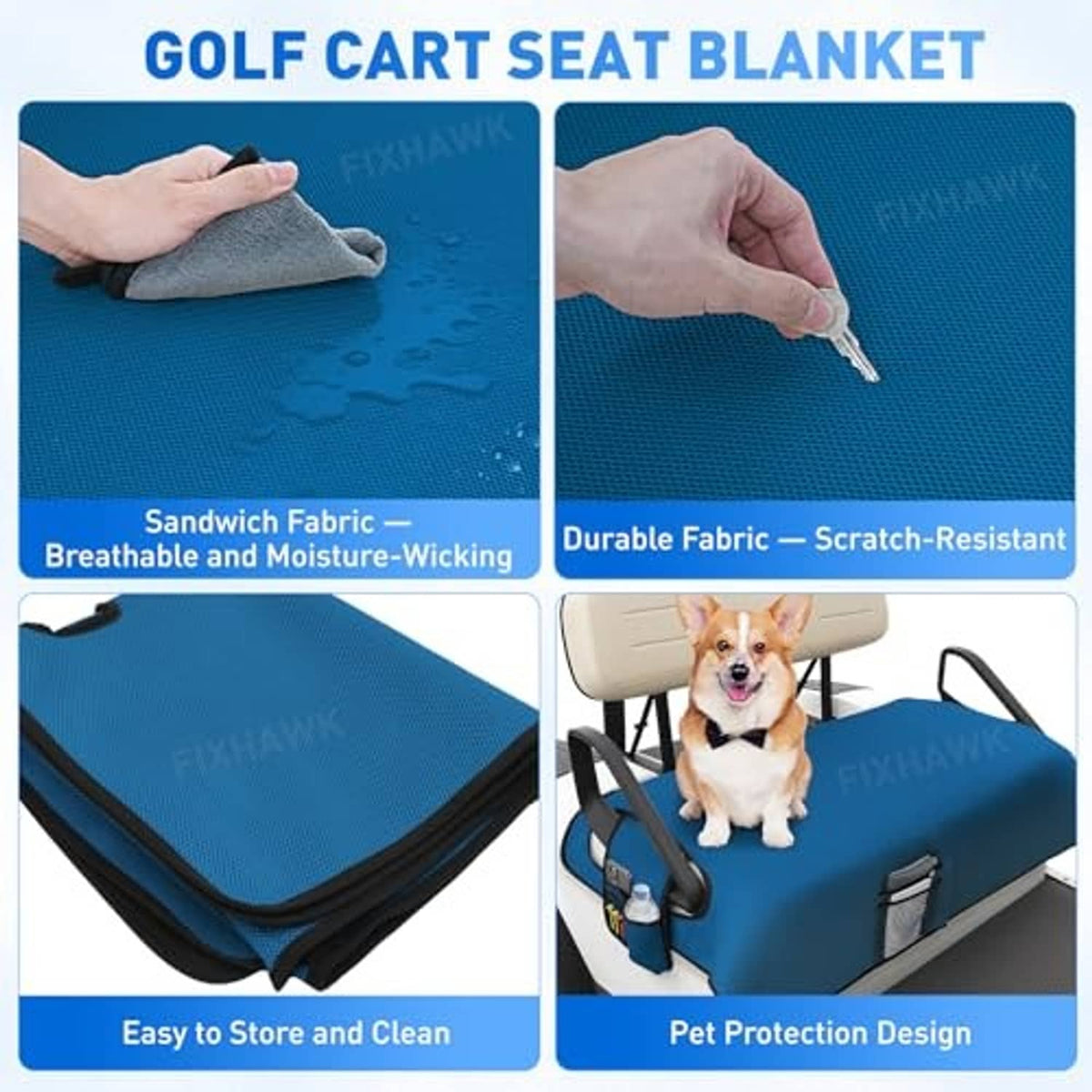 Blue golf cart seat blanket cover with water-resistant, scratch-resistant fabric shown