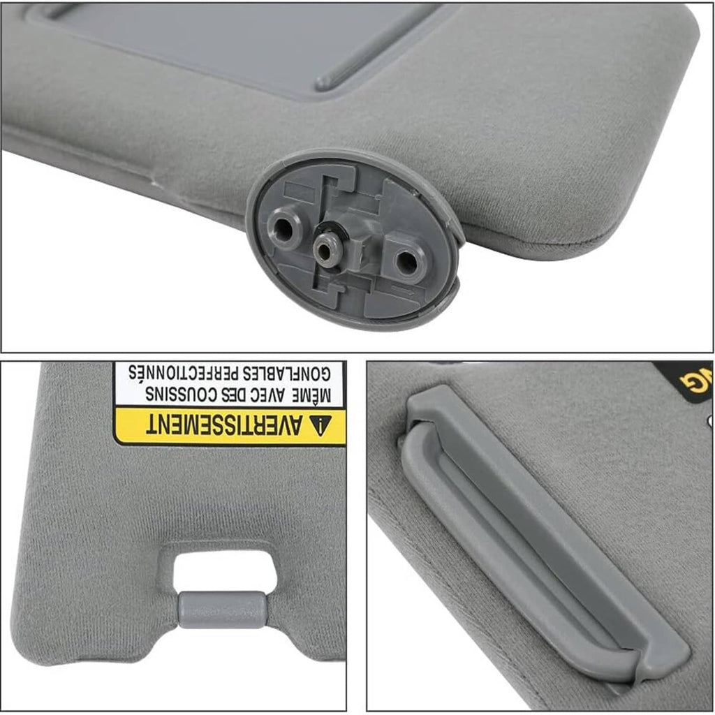 Gray sun visor mounting hardware and handle detail, underside close-up
