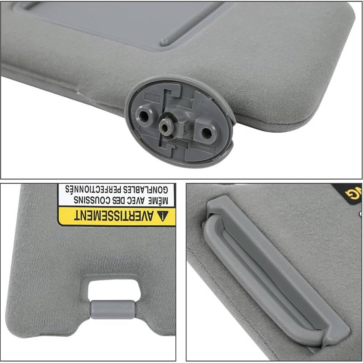 Gray sun visor mounting hardware and handle detail, underside close-up