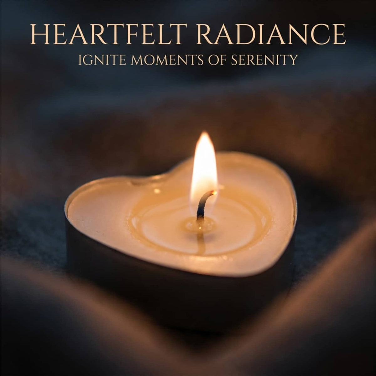 Close-up of a lit white heart-shaped tealight candle in soy wax