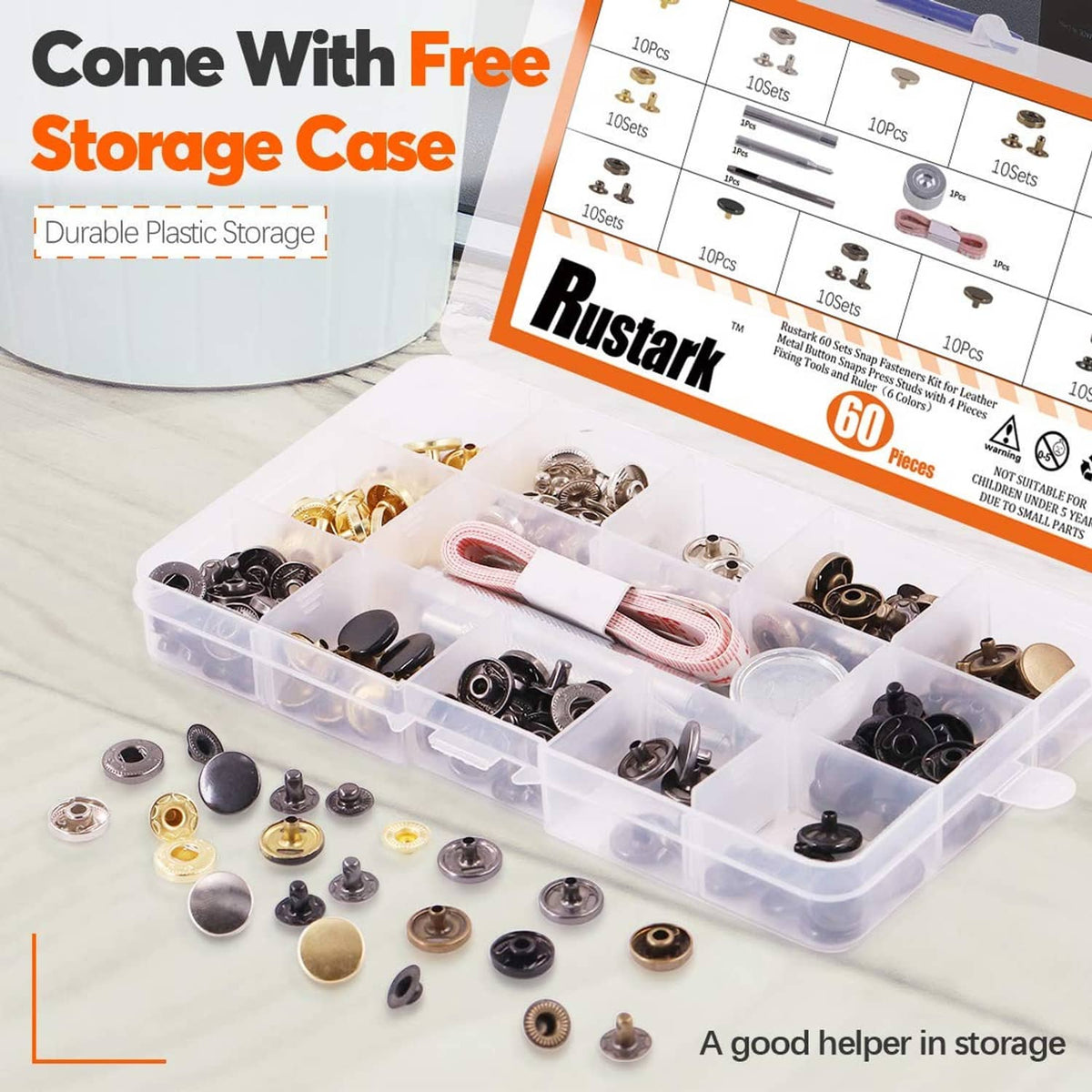 Snap fastener kit with clear storage case and assorted gold and black metal snap sets