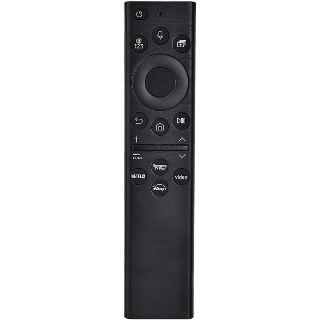 Black TV remote control with circular navigation pad and power button