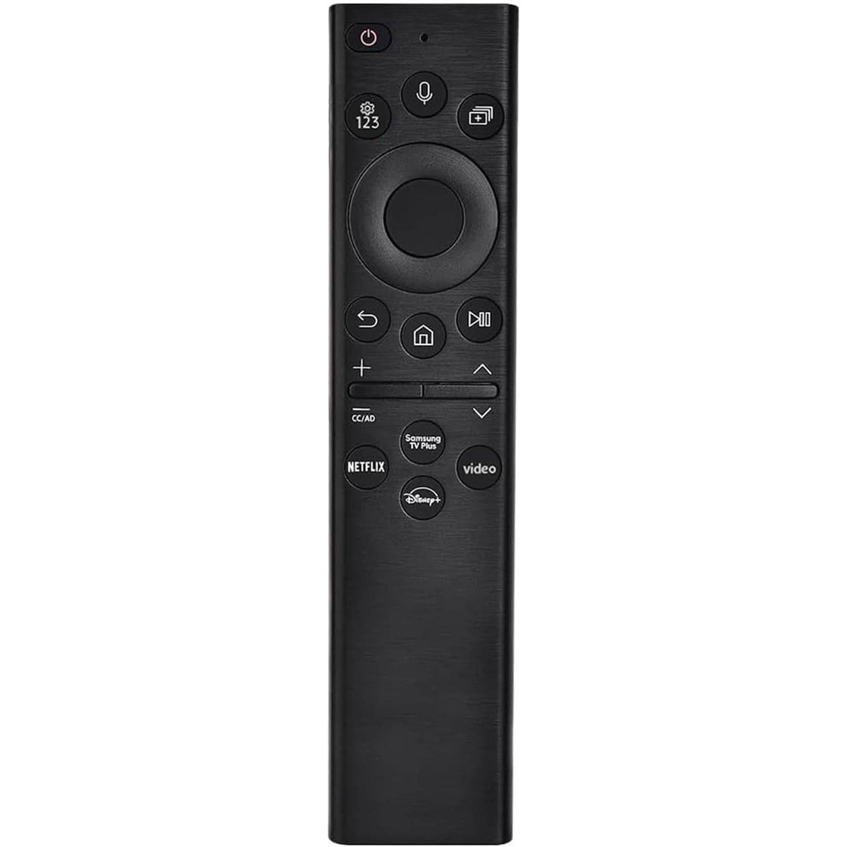 Black TV remote control with circular navigation pad and power button