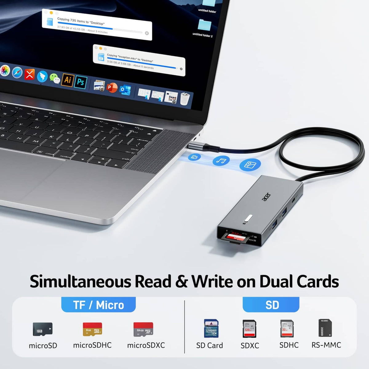 USB-C docking station with dual card slots for simultaneous SD and microSD