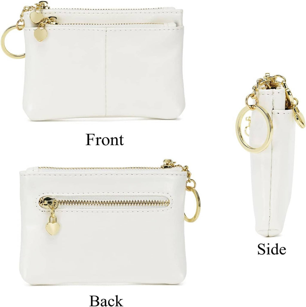 White zip mini purse with key ring charm, front and side and back views