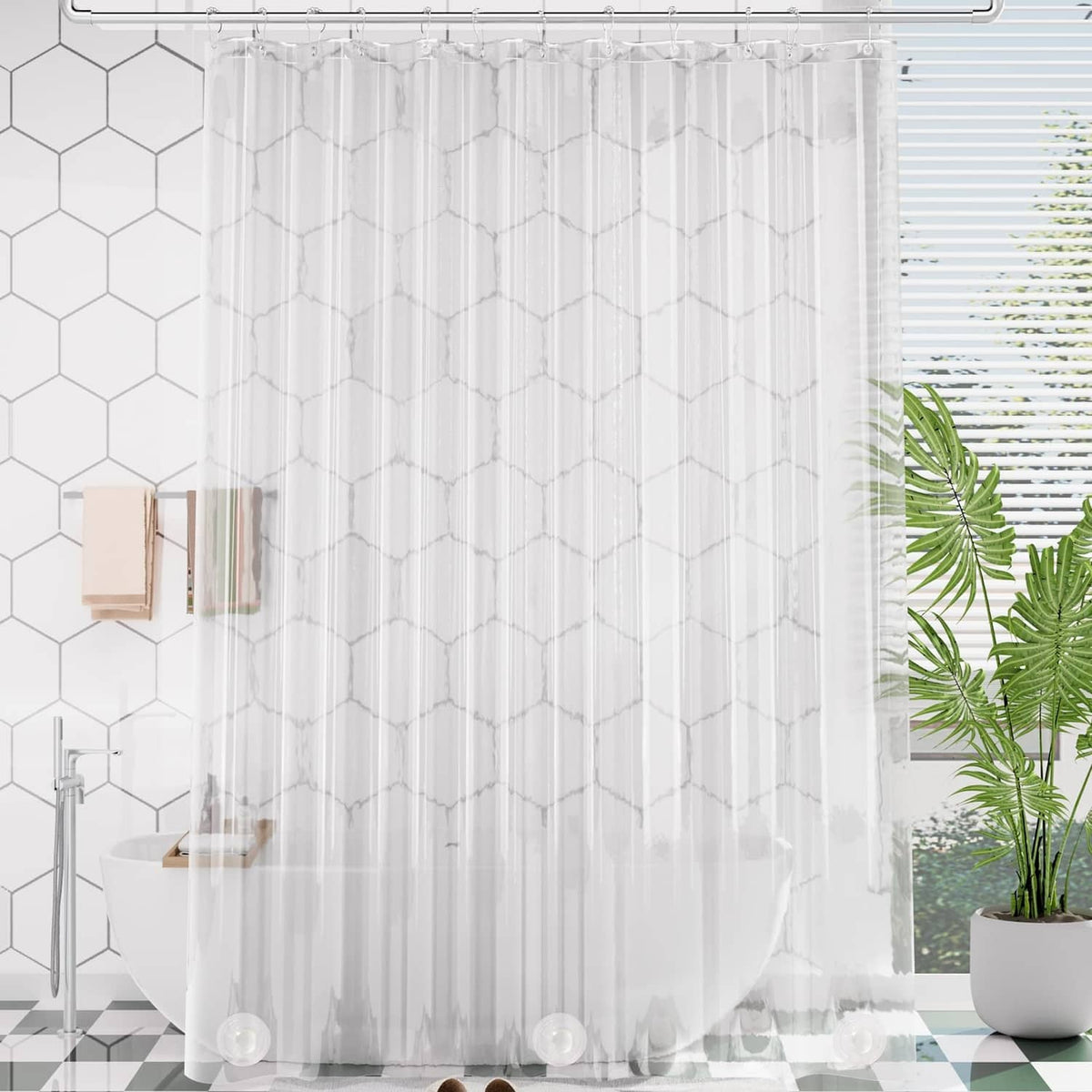 Clear extra-long shower curtain liner with reinforced grommet holes, 72x108 in