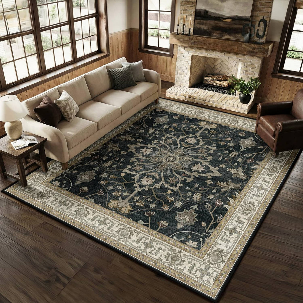 Washable square area rug with dark navy pattern and light beige border