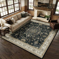 Washable square area rug with dark navy pattern and light beige border