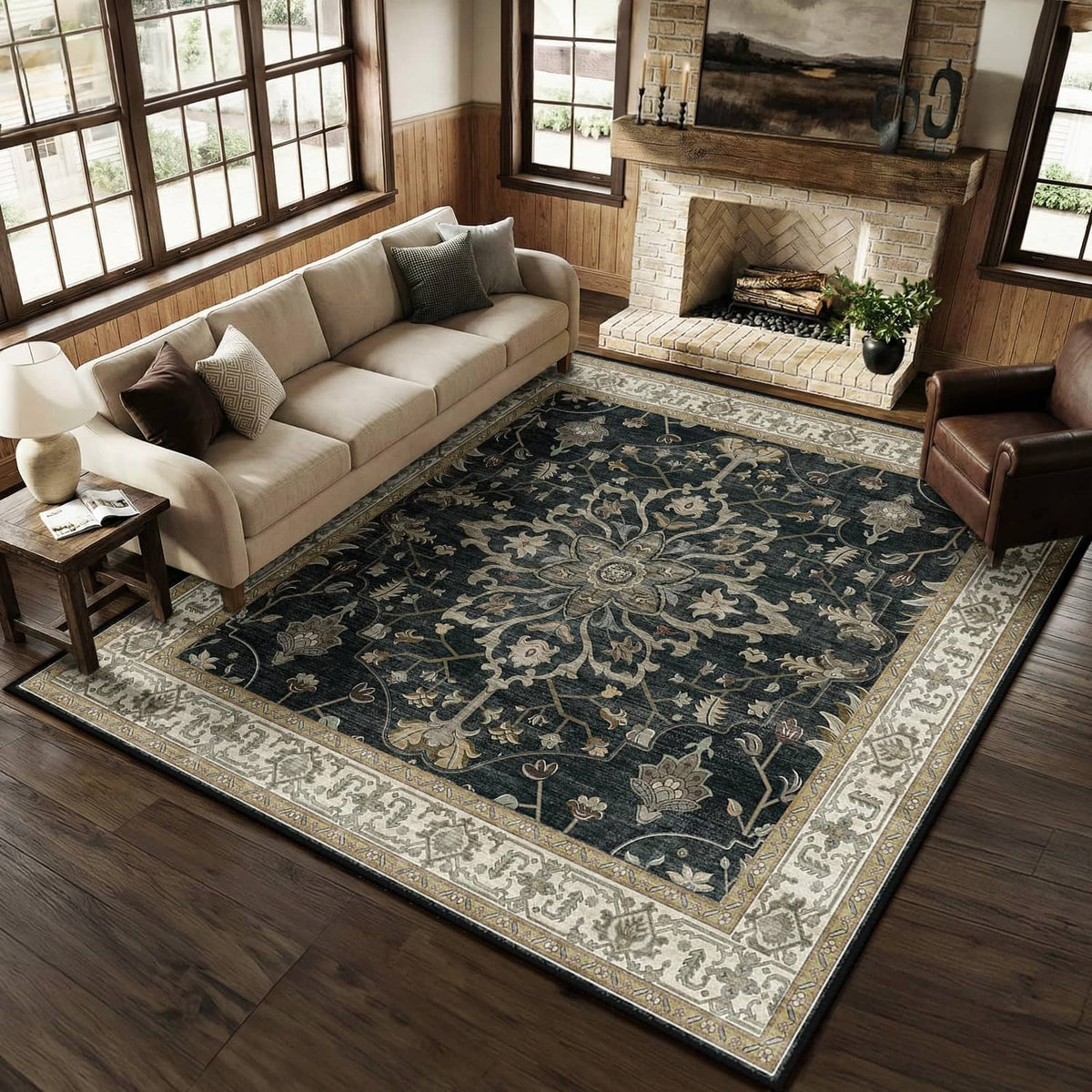 Washable square area rug with dark navy pattern and light beige border