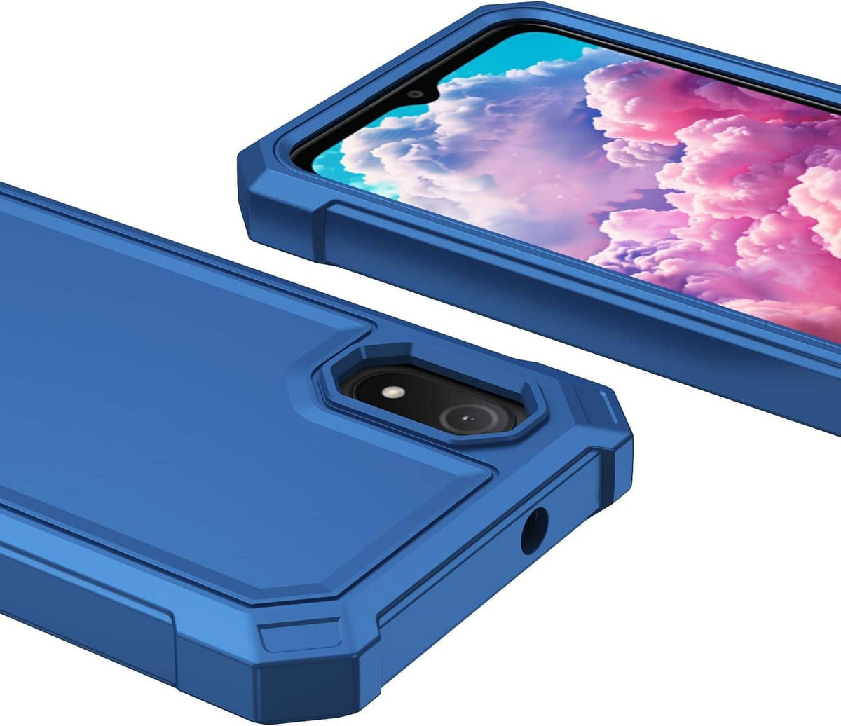 Blue rugged phone case close-up, camera window and side buttons visible