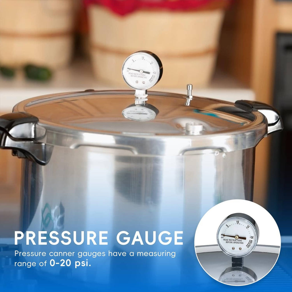 Pressure cooker gauge mounted on stainless steel pressure cooker lid