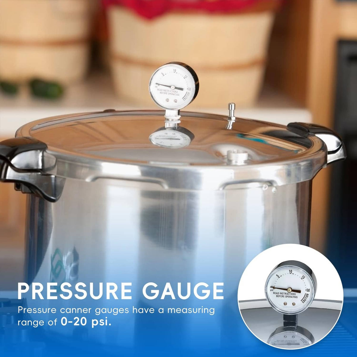 Pressure cooker gauge mounted on stainless steel pressure cooker lid