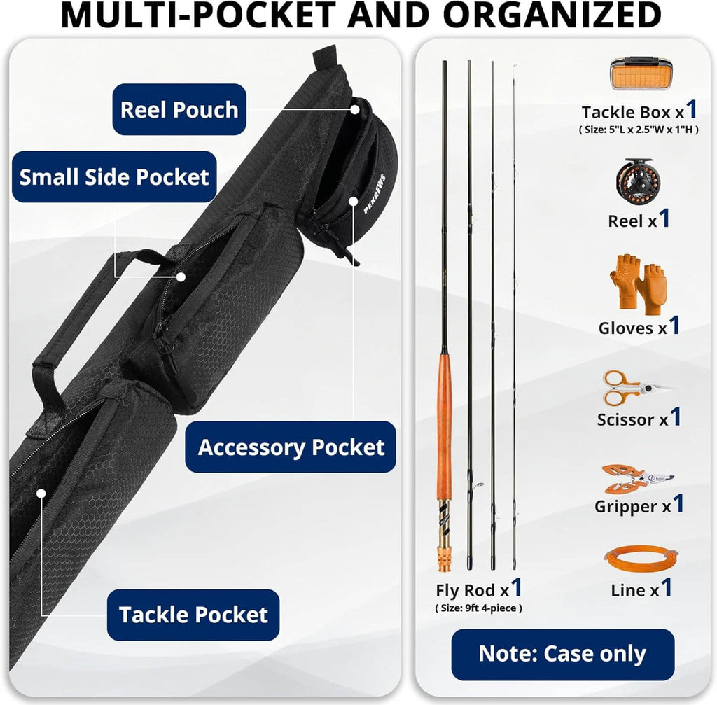 Black multi-pocket fly rod case with reel pouch, side pocket, accessory and tackle pockets.