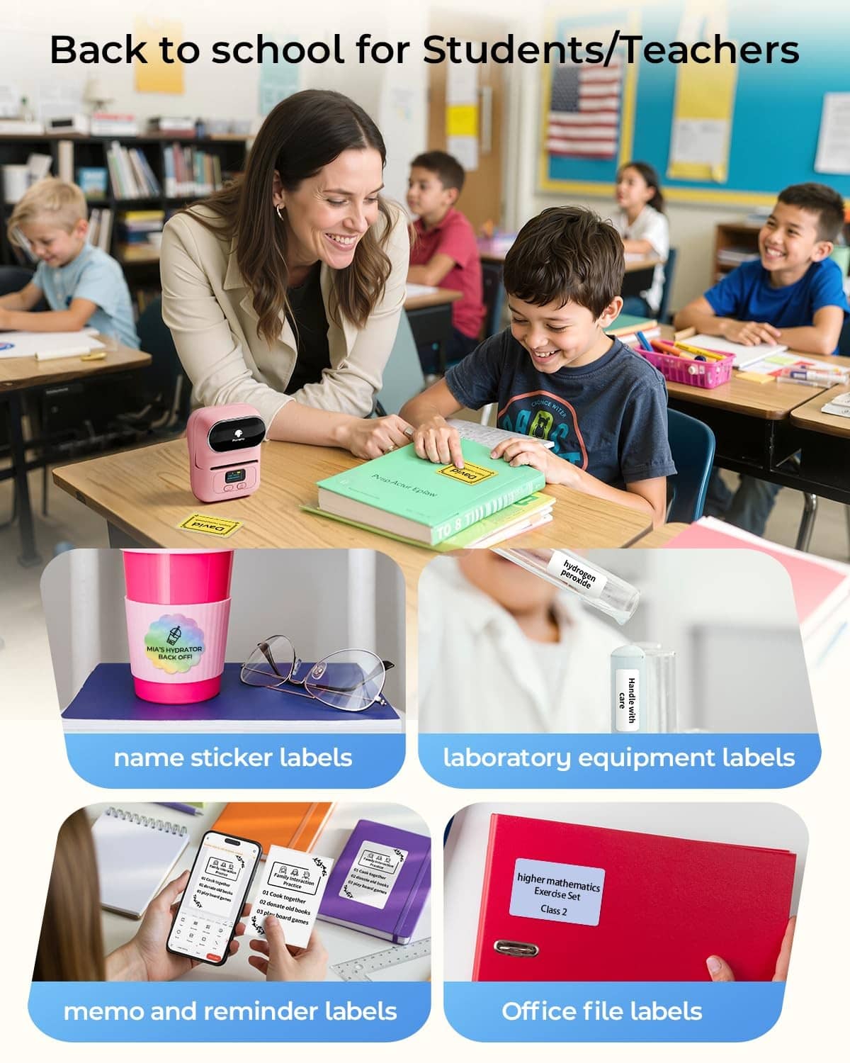 Pink label printer used for student labels; compact handheld thermal device.