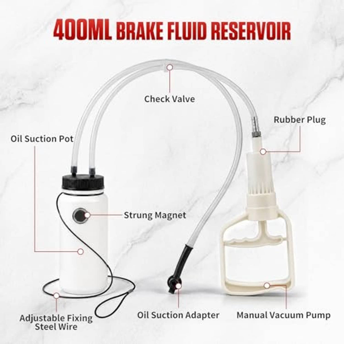 Motorcycle brake fluid bleeder kit components: 400ml bottle, check valve, rubber plug, adapters