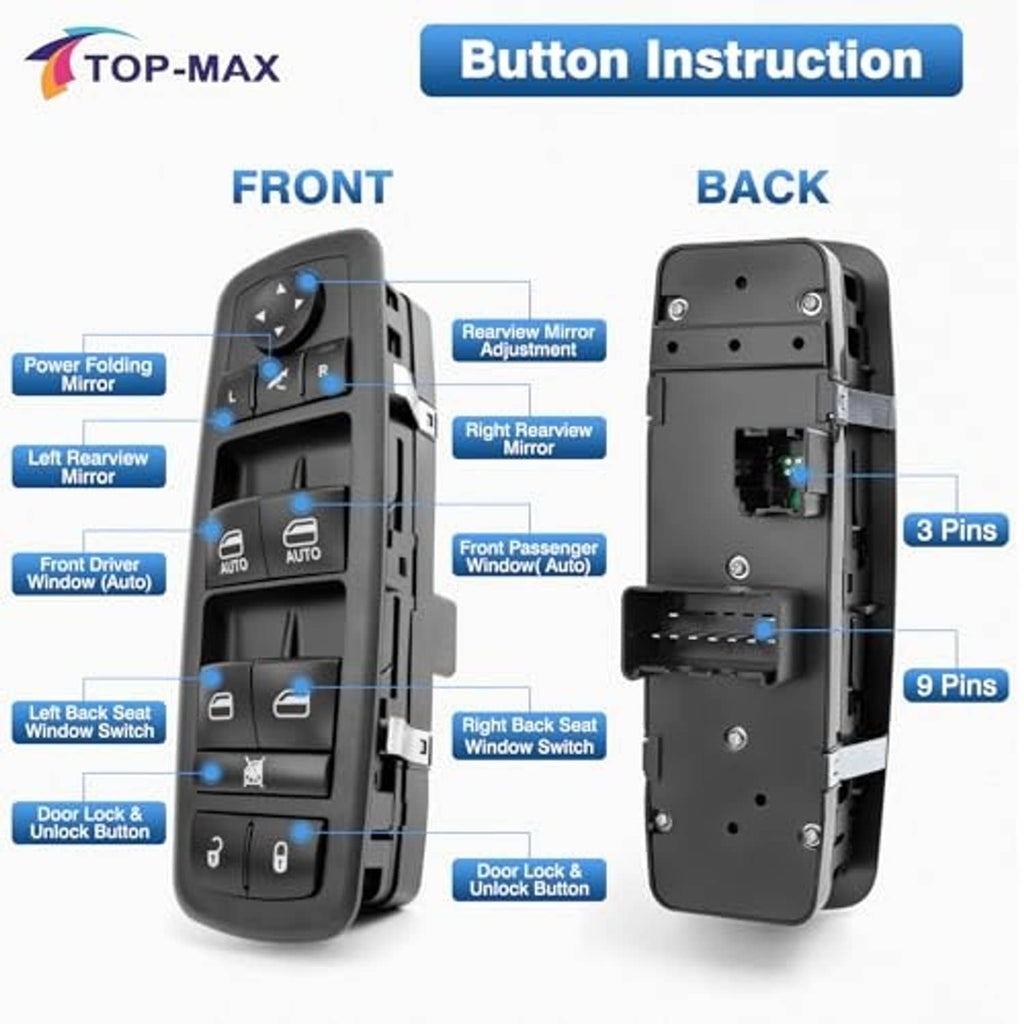 Black power window switch diagram with front button controls and rear pin connectors