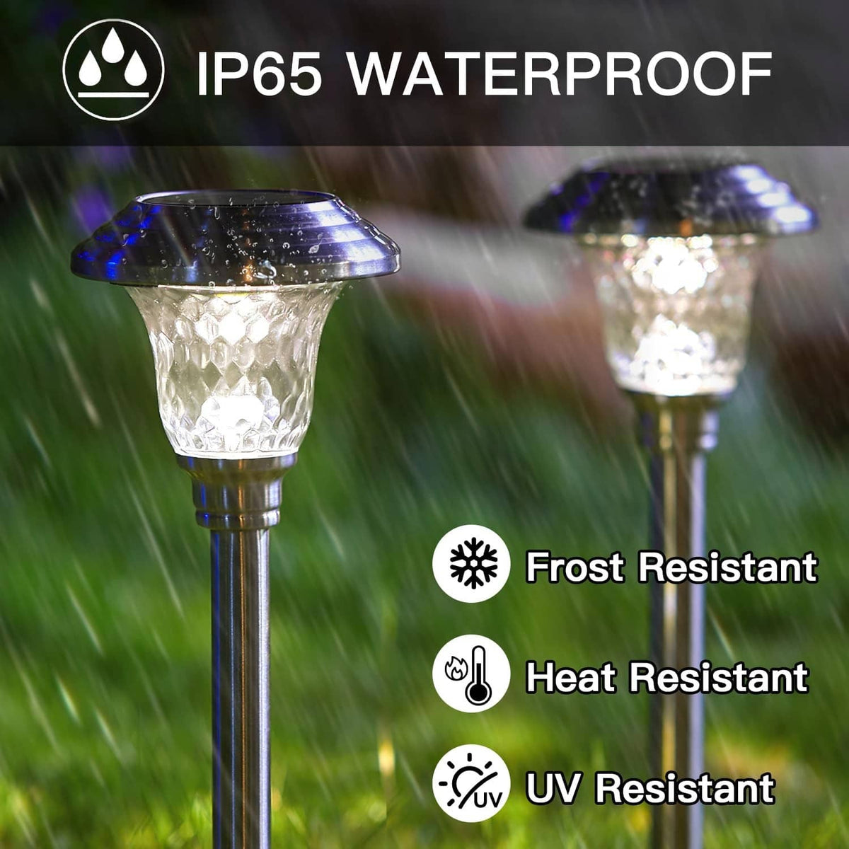 Waterproof solar pathway light with stainless-steel stem and frosted glass shade, glowing in rain.