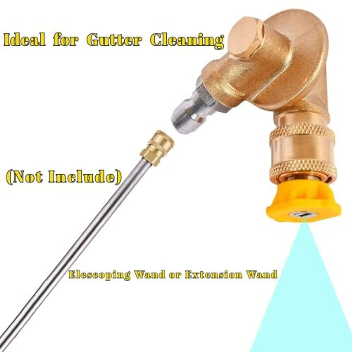 Brass pressure washer nozzle for gutter cleaning with extension wand connection