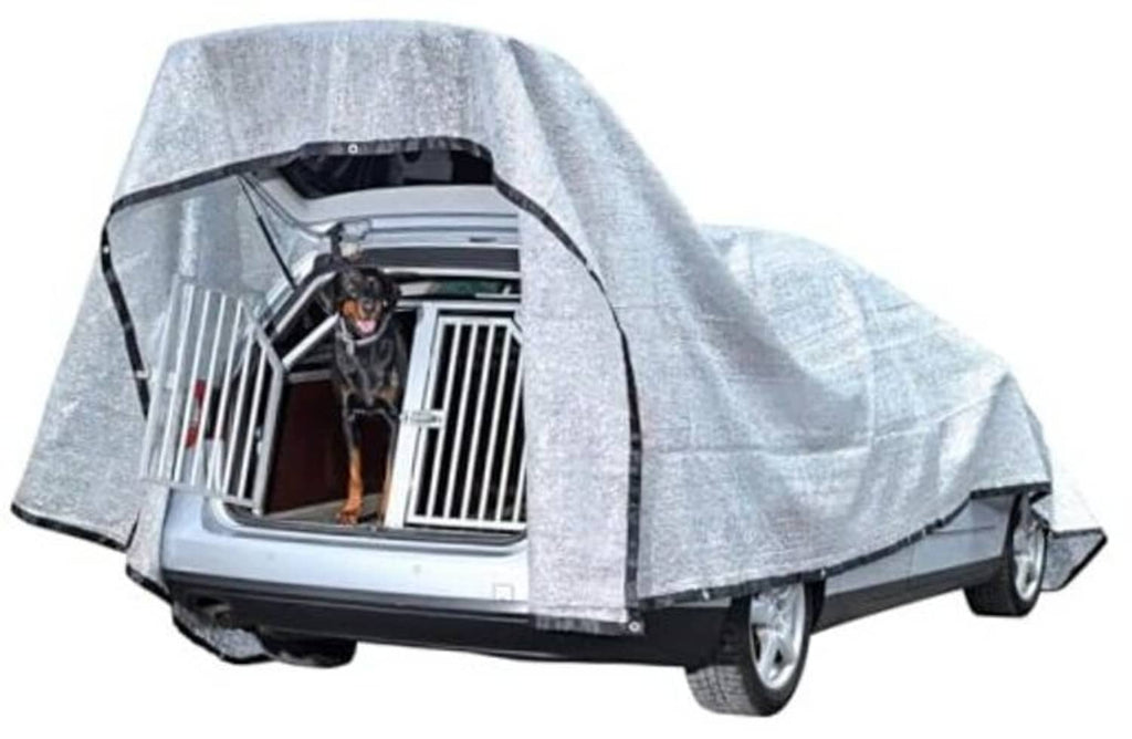 Gray car shade tarp made of aluminum shade cloth, draped over vehicle front and sides