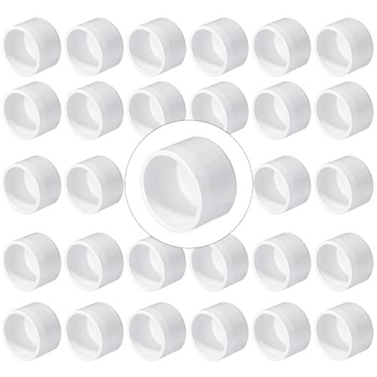 Pack of white PVC pipe end caps with smooth rims and round capped ends