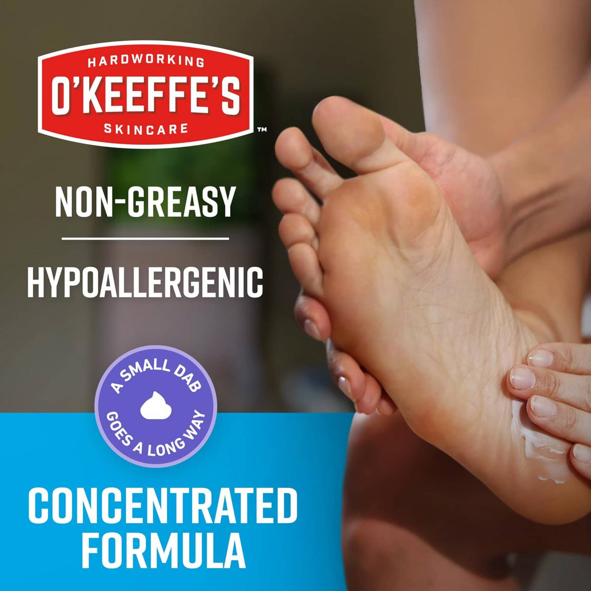Night treatment foot cream with non-greasy and hypoallergenic label over foot