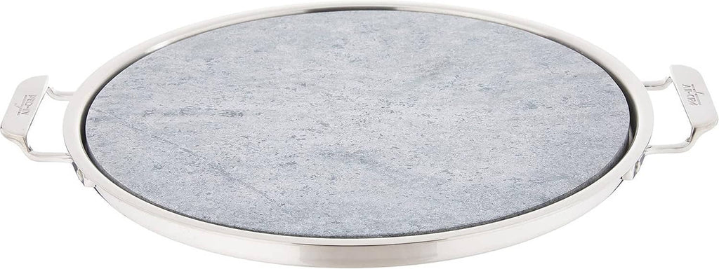 13-inch round soapstone pizza stone with stainless ring and four grip handles