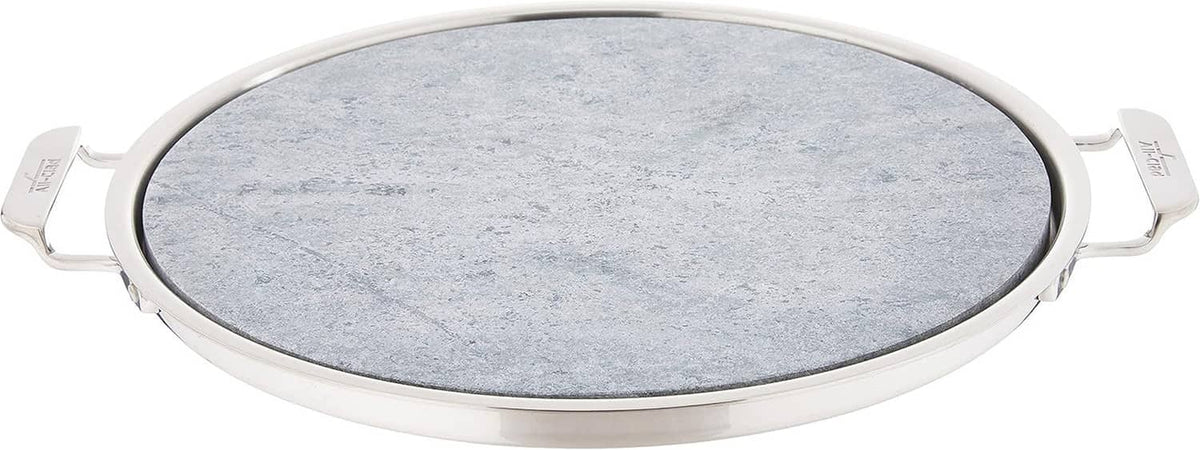 13-inch round soapstone pizza stone with stainless ring and four grip handles