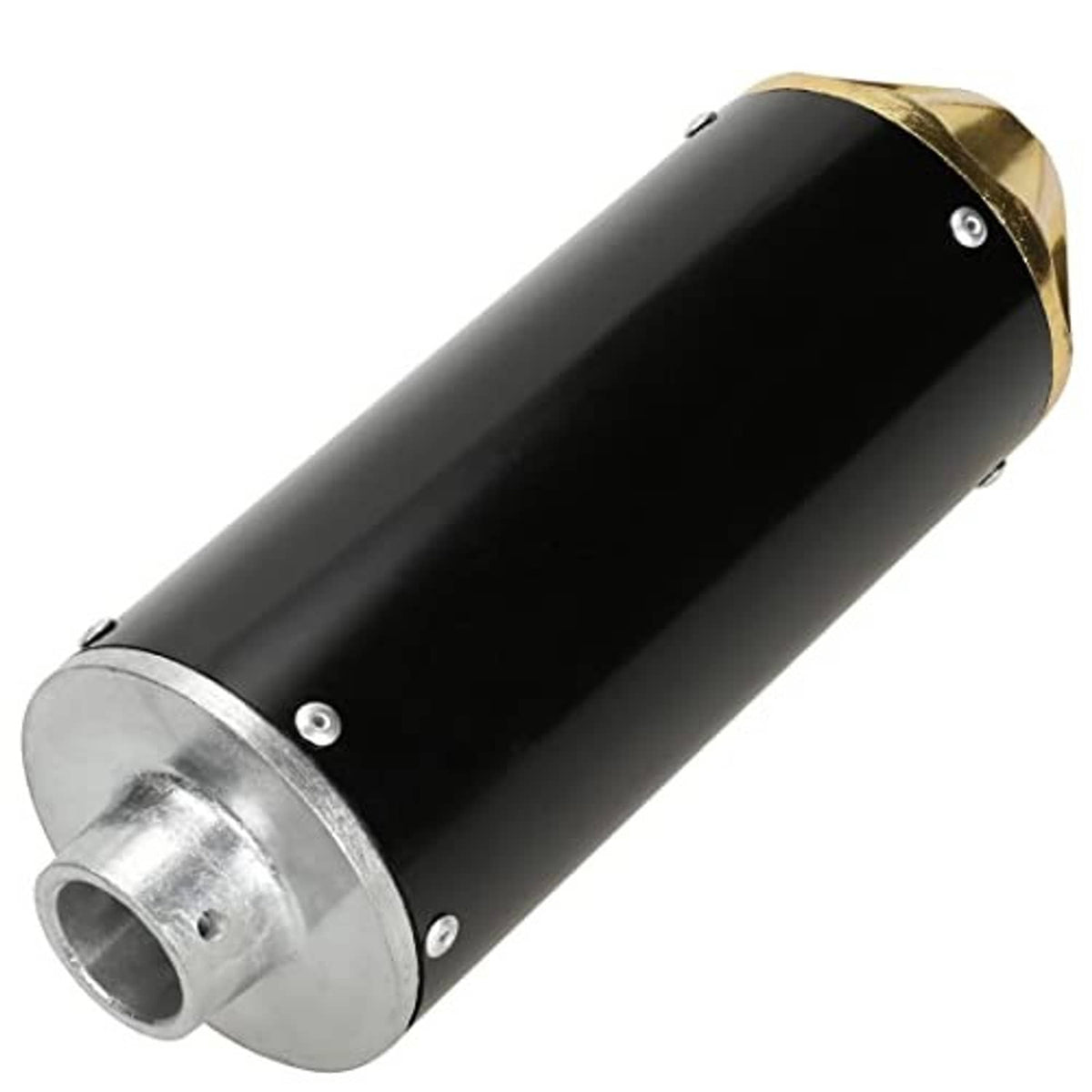 Exhaust muffler silencer with black cylinder body and gold-tinted outlet end