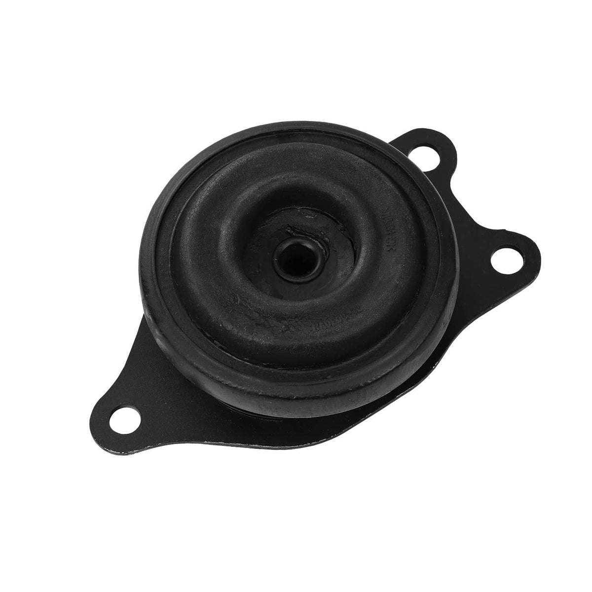 Transmission mount with round black rubber bushing and mounting flange, close-up